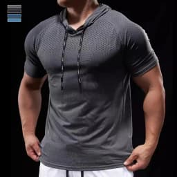 Summer GYM Sport Hooded Running Men T shirt Fitness Slim fit compression elastic Short sleeve Quick Dry Bodybuilding Tshirt