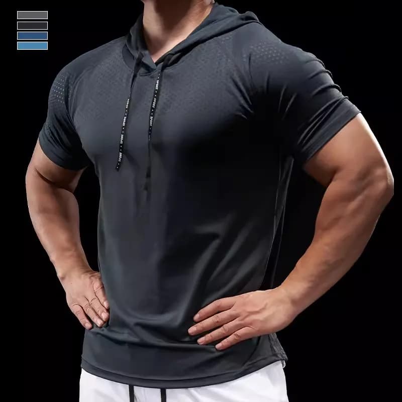 Summer GYM Sport Hooded Running Men T shirt Fitness Slim fit compression elastic Short sleeve Quick Dry Bodybuilding Tshirt
