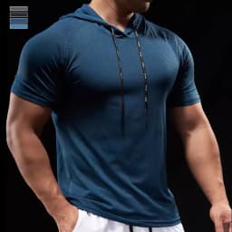 Summer GYM Sport Hooded Running Men T shirt Fitness Slim fit compression elastic Short sleeve Quick Dry Bodybuilding Tshirt