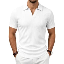 2026 Summer Men's Shirt Pure Color Vertical Stripe V-Neck Polo Shirt Men Casual Quick-Dry Breathability Short Sleeve T-Shirt