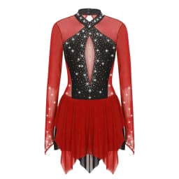 Women Figure Skating Performance Costume Ballet Gymnastics Lyrical Dance Dancewear Long Sleeve Rhinestone Mesh Leotard Dress