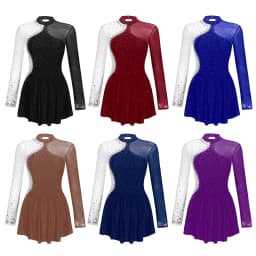 Women Figure Skating Performance Costume Ballet Gymnastics Lyrical Dance Dancewear Long Sleeve Rhinestone Mesh Leotard Dress