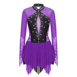 Women Figure Skating Performance Costume Ballet Gymnastics Lyrical Dance Dancewear Long Sleeve Rhinestone Mesh Leotard Dress
