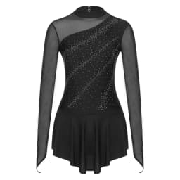 Women Figure Skating Performance Costume Ballet Gymnastics Lyrical Dance Dancewear Long Sleeve Rhinestone Mesh Leotard Dress