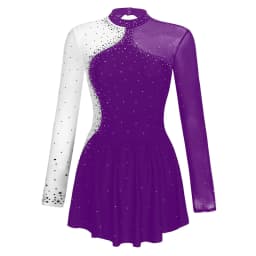 Women Figure Skating Performance Costume Ballet Gymnastics Lyrical Dance Dancewear Long Sleeve Rhinestone Mesh Leotard Dress