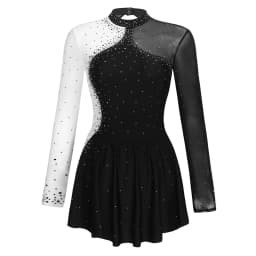 Women Figure Skating Performance Costume Ballet Gymnastics Lyrical Dance Dancewear Long Sleeve Rhinestone Mesh Leotard Dress