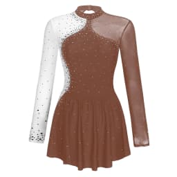 Women Figure Skating Performance Costume Ballet Gymnastics Lyrical Dance Dancewear Long Sleeve Rhinestone Mesh Leotard Dress