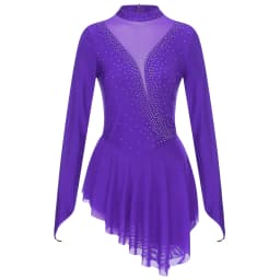 Women Figure Skating Performance Costume Ballet Gymnastics Lyrical Dance Dancewear Long Sleeve Rhinestone Mesh Leotard Dress