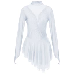 Women Figure Skating Performance Costume Ballet Gymnastics Lyrical Dance Dancewear Long Sleeve Rhinestone Mesh Leotard Dress