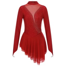 Women Figure Skating Performance Costume Ballet Gymnastics Lyrical Dance Dancewear Long Sleeve Rhinestone Mesh Leotard Dress