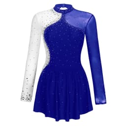 Women Figure Skating Performance Costume Ballet Gymnastics Lyrical Dance Dancewear Long Sleeve Rhinestone Mesh Leotard Dress