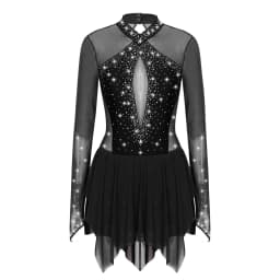 Women Figure Skating Performance Costume Ballet Gymnastics Lyrical Dance Dancewear Long Sleeve Rhinestone Mesh Leotard Dress
