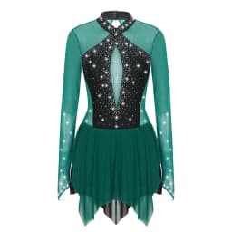 Women Figure Skating Performance Costume Ballet Gymnastics Lyrical Dance Dancewear Long Sleeve Rhinestone Mesh Leotard Dress