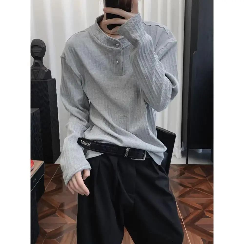 Gray Cleanfit Long Sleeve  Shirt Men's Style Autumn Casual Henry Collar T-Shirt High-End Feeling Breathable Polyester