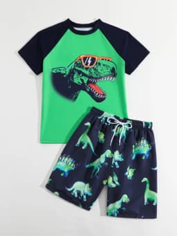 Boy Swimsuit 2026 New Dinosaur Print Short Sleeve Children Swimwear Summer Two Piece Kids Beach Wear Swimming Bathing Suit Boys