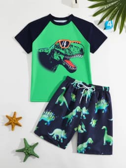 Boy Swimsuit 2026 New Dinosaur Print Short Sleeve Children Swimwear Summer Two Piece Kids Beach Wear Swimming Bathing Suit Boys