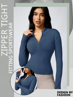 Women's Solid Color Zipper Turtleneck Sports Jacket, Long-Sleeved Sports Top, Gym Wear, Ladies' Sportswear for Indoor and Outdoo