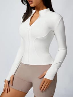 Women's Solid Color Zipper Turtleneck Sports Jacket, Long-Sleeved Sports Top, Gym Wear, Ladies' Sportswear for Indoor and Outdoo