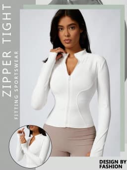 Women's Solid Color Zipper Turtleneck Sports Jacket, Long-Sleeved Sports Top, Gym Wear, Ladies' Sportswear for Indoor and Outdoo