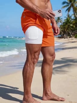 Mens Swim Trunks with Compression Liner Phone Pocket Summer Quick Dry Board Shorts Beach Shorts Swimwear Swimsuit Bathing Suits