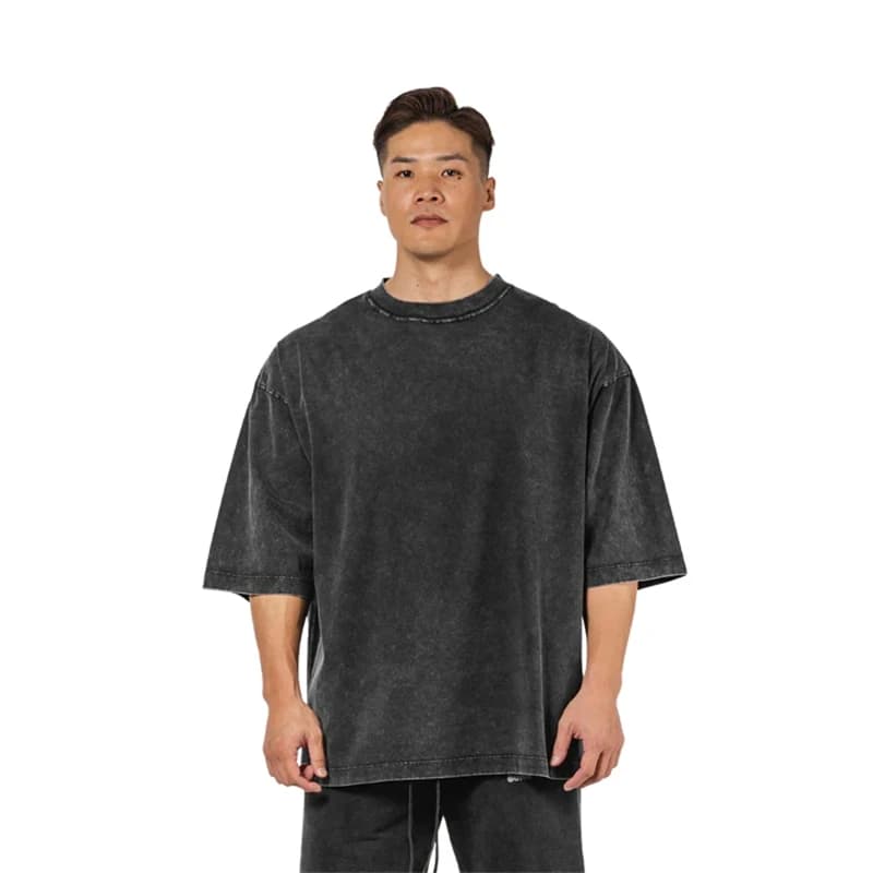Washed T-Shirt 230G 100Cotton Solid Oversized Loose Fitness Mens Tee Tops Dropped Shoulders Short Sleeve Gym Bodybuilding Shirts