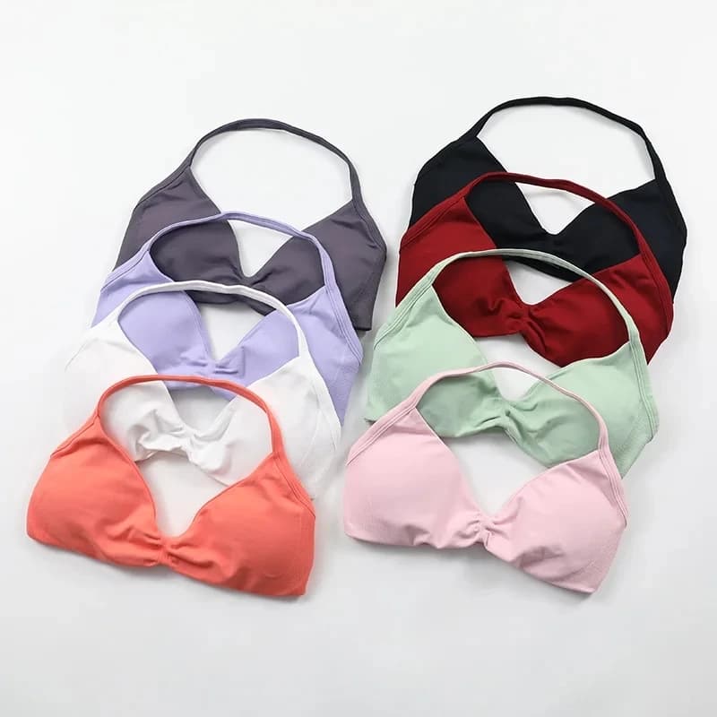 Strappy Bra Gym Top Women High Support Thin Strap Halter Sports Seamless Bras Scrunch Push-up Workout Yoga Tank Tops