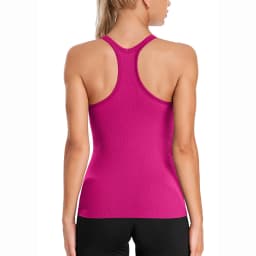 Anfilia Seamless Women Yoga Tank Tops Built-in Bras High Stretchy Knit Ribbed Racerback Hip Length Scoop Neck Tight Workout Tops
