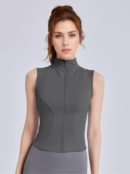 Women's Solid Thumb Hole Design Sports Jacket, Sporty Zip Up Sleeveless Outerwear for Yoga Gym Workout, Ladies Sportswear for Al