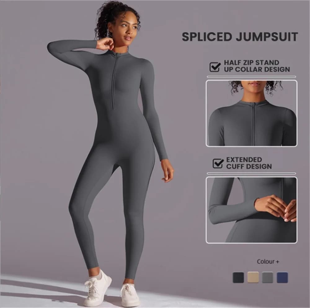 Half zip integrated long yoga jumpsuit solid color sexy long sleeved integrated sportswear for women