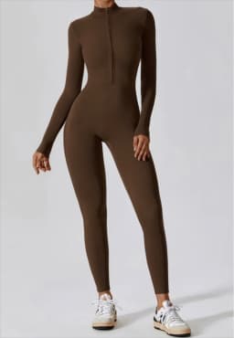 Half zip integrated long yoga jumpsuit solid color sexy long sleeved integrated sportswear for women