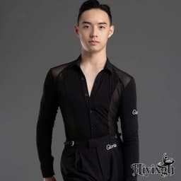 2026 New Long Sleeves Latin Dance T-shirt Boy's Practice Top Wear Men's Deep V Neckline Seethrough Design Charles Shirt