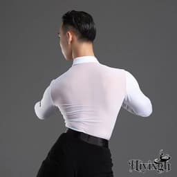 2026 New Long Sleeves Latin Dance T-shirt Boy's Practice Top Wear Men's Deep V Neckline Seethrough Design Charles Shirt