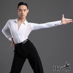 2026 New Long Sleeves Latin Dance T-shirt Boy's Practice Top Wear Men's Deep V Neckline Seethrough Design Charles Shirt