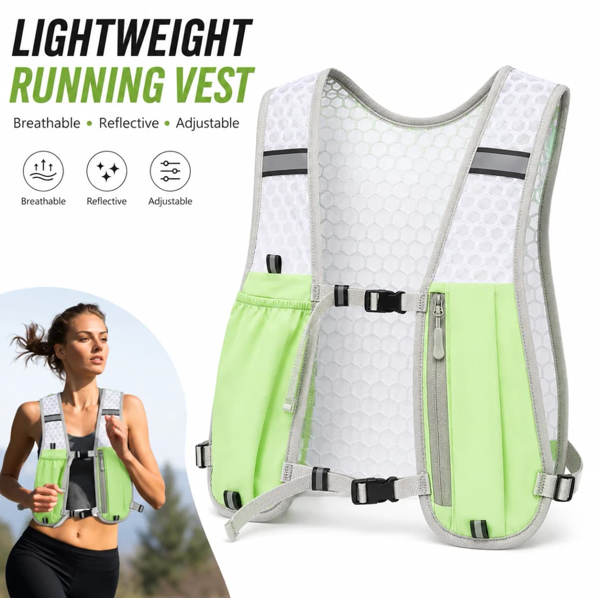 Lightweight Ergonomic Running Hydration Vest, Reflective Water Bottle Backpack for Cycling Walking Kayaking Outdoor Sports