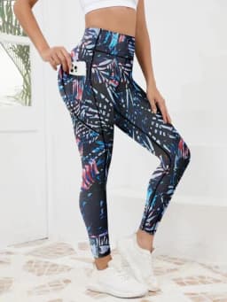 Printed women's high waistband pocket fitness pants paired with tight abdominal yoga pants, suitable for running, hiking, and sp