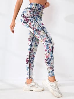 Printed women's high waistband pocket fitness pants paired with tight abdominal yoga pants, suitable for running, hiking, and sp