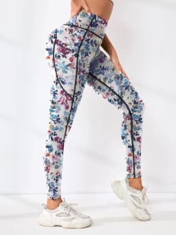 Printed women's high waistband pocket fitness pants paired with tight abdominal yoga pants, suitable for running, hiking, and sp