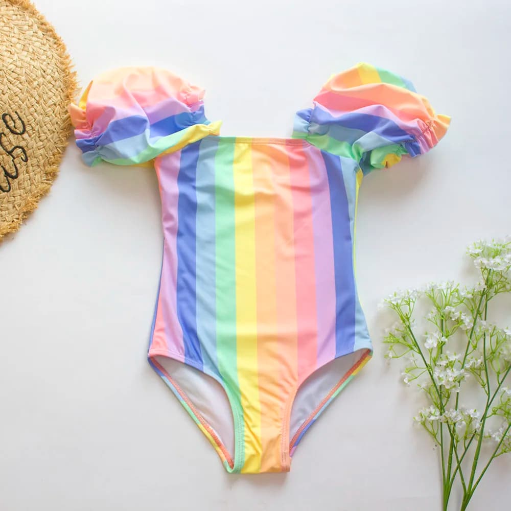 Gradient Kids Girls Swimsuit Swimwear Puff Sleeve Child Swimming Suit Cute Teen One Piece Swimwear Mermaid Children Bathing Suit