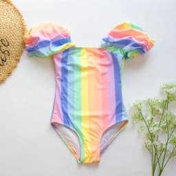 Gradient Kids Girls Swimsuit Swimwear Puff Sleeve Child Swimming Suit Cute Teen One Piece Swimwear Mermaid Children Bathing Suit
