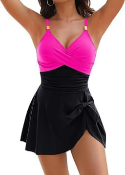 2025 New Cute Women Swimdress Tummy Control Sexy One Piece Slim & Comfortable Ruched & Cross Swimwear Elastic Beachwear