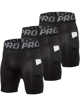 3 Pack Compression Shorts Men with Pocket, Spandex Running Shorts Sport Athletic Workout Performance Underwear