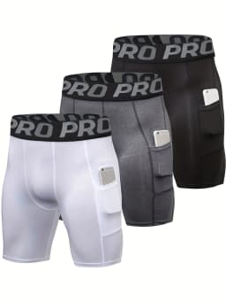3 Pack Compression Shorts Men with Pocket, Spandex Running Shorts Sport Athletic Workout Performance Underwear