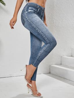 Women Faux Denim Print Leggings High Waist Skinny Pants Non-denim Retro Leggings Women Sport Slim Tights Leggings Fitness
