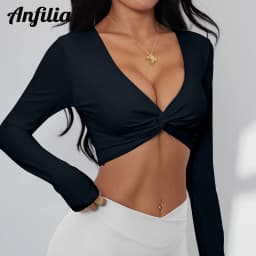 Anfilia Women Fitness Yoga Top Sexy V-Neck Front Twist Design Long Sleeve Quick Dry Breathable Built-In Bra Gym Running Crop Top