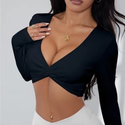Anfilia Women Fitness Yoga Top Sexy V-Neck Front Twist Design Long Sleeve Quick Dry Breathable Built-In Bra Gym Running Crop Top