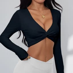 Anfilia Women Fitness Yoga Top Sexy V-Neck Front Twist Design Long Sleeve Quick Dry Breathable Built-In Bra Gym Running Crop Top