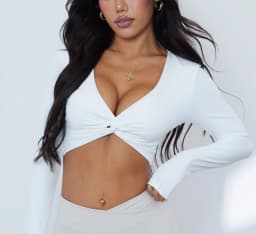 Anfilia Women Fitness Yoga Top Sexy V-Neck Front Twist Design Long Sleeve Quick Dry Breathable Built-In Bra Gym Running Crop Top