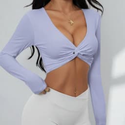 Anfilia Women Fitness Yoga Top Sexy V-Neck Front Twist Design Long Sleeve Quick Dry Breathable Built-In Bra Gym Running Crop Top