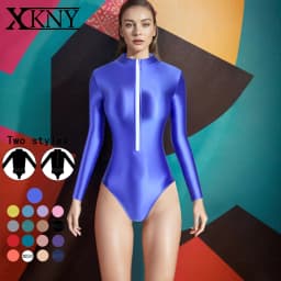 XClocKNYoung satin glossy swimsuit tight front back zipper two style high slit satin glossy long sleeve Swimsuit Bottom coat