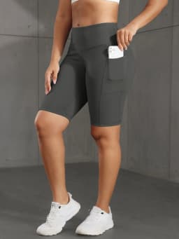 CHRLEISURE Women Solid Yoga Shorts with 3 Pockets High Waist Butt Lifting Workout Tights Gym Elastic Cycling Shorts Activewear